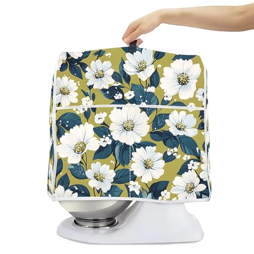 BVBOX Dust Cover Compatible with Stand MixerProtective Stand Mixer Cover with Pockets for Extra Accessories White flower For 455 qt Mixer - Image 1