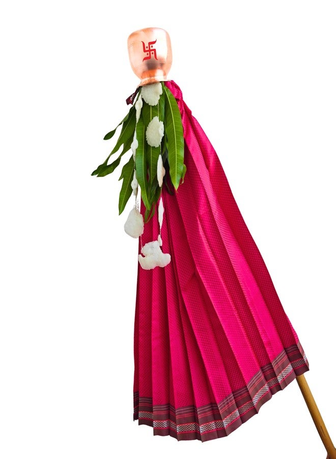 PUNYATVA Gudhi Vastra for Gudhi Padwa Festival (Khun, Pink Gray Border | Traditional Maharashtrian Gudi Cover Saree Cloth for GudiPadva | Readymade Ugadi & GudhiPadawa Decoration Pooja Décor - Image 1