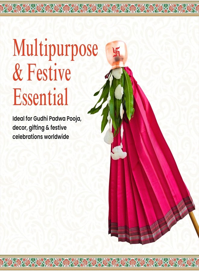 PUNYATVA Gudhi Vastra for Gudhi Padwa Festival (Khun, Pink Gray Border | Traditional Maharashtrian Gudi Cover Saree Cloth for GudiPadva | Readymade Ugadi & GudhiPadawa Decoration Pooja Décor - Image 5