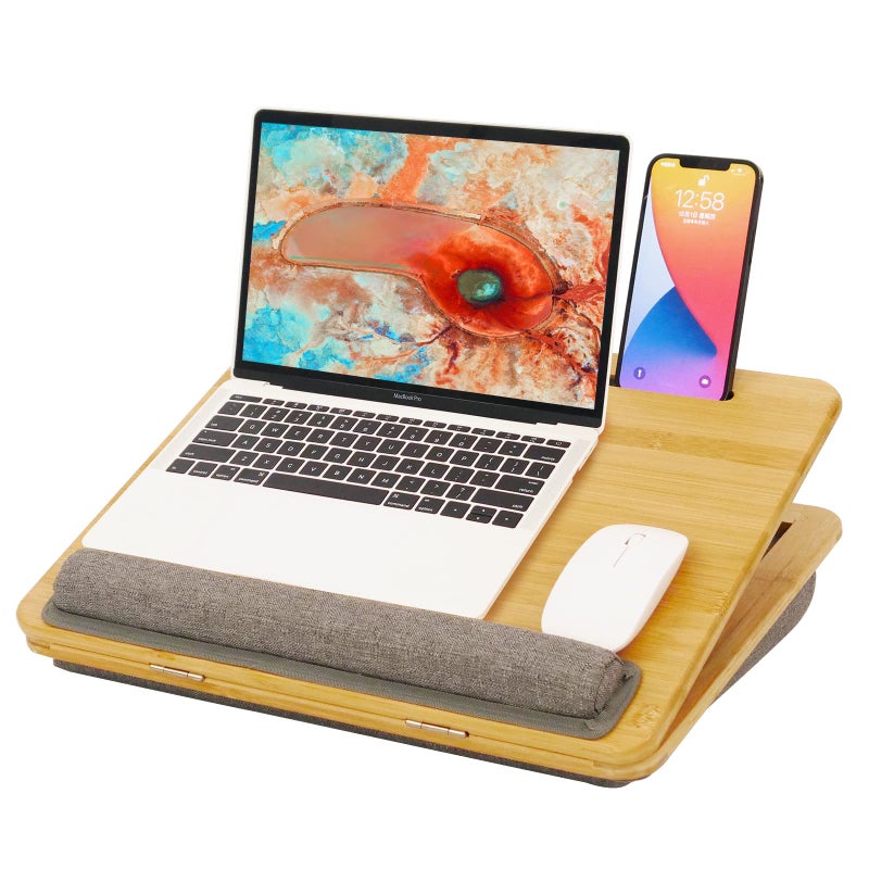 Lap DeskBamboo Laptop Tray  Ergonomic Design with Cushion Adjustable Tilt Angle and Height with Tablet Phone Holderfor Comfortable Work Anywhere  for Home Office Sofa BedCar Couch