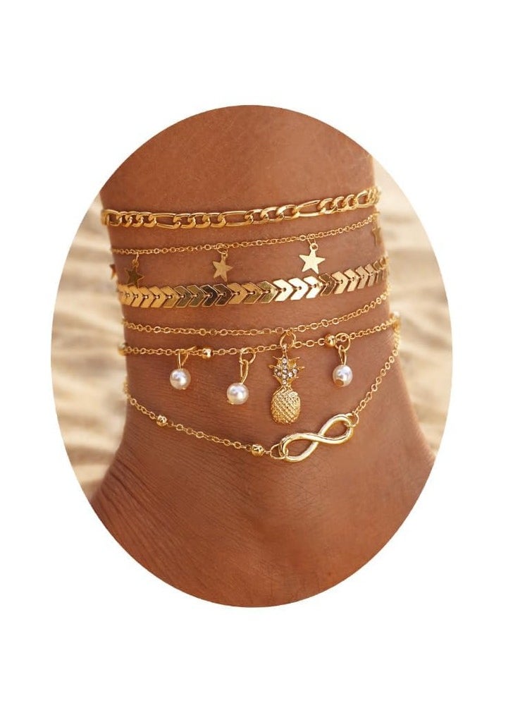 RAHAYM Layering Infinity Love Anklets Set for Women,Dainty 14K Gold Plated Pearl Heart Butterfly Star Pineapple Pendent Anklets Bracelets Beach Foot Chain Ankle Jewelry  - Image 1