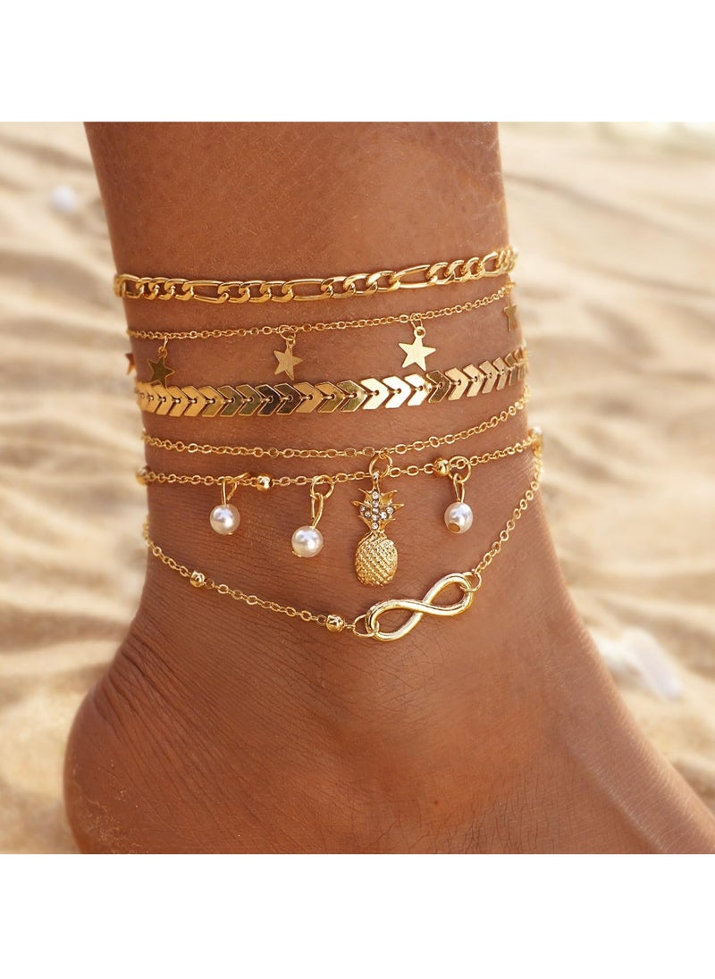 RAHAYM Layering Infinity Love Anklets Set for Women,Dainty 14K Gold Plated Pearl Heart Butterfly Star Pineapple Pendent Anklets Bracelets Beach Foot Chain Ankle Jewelry  - Image 2