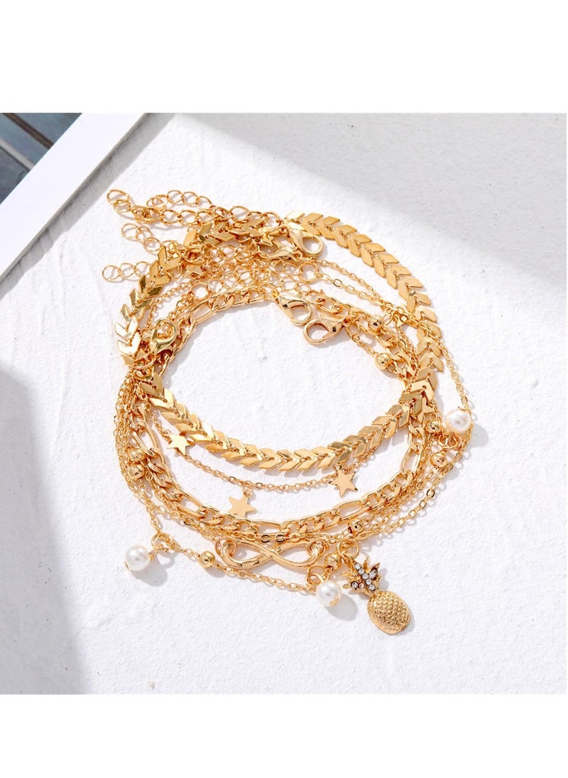 RAHAYM Layering Infinity Love Anklets Set for Women,Dainty 14K Gold Plated Pearl Heart Butterfly Star Pineapple Pendent Anklets Bracelets Beach Foot Chain Ankle Jewelry  - Image 3