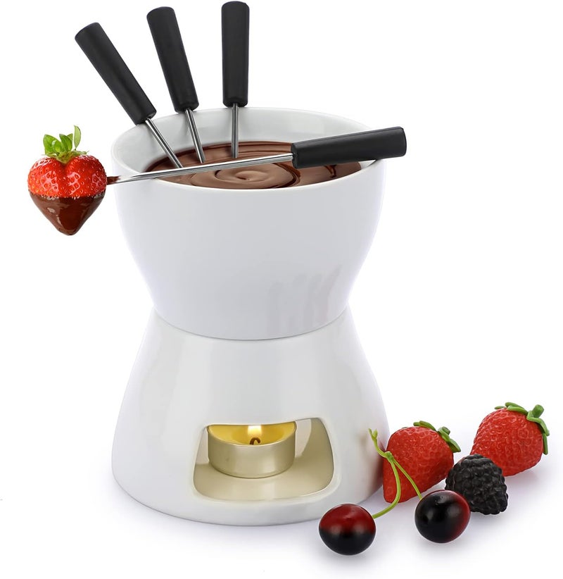 BSTKEY 400ML Ceramic Butter Warmer Set with 4 Forks, Fondue Pot Melting Pot Set, Melt Hot Pot Bowl Set For Cheese Chocolate Butter Caramel - Image 1