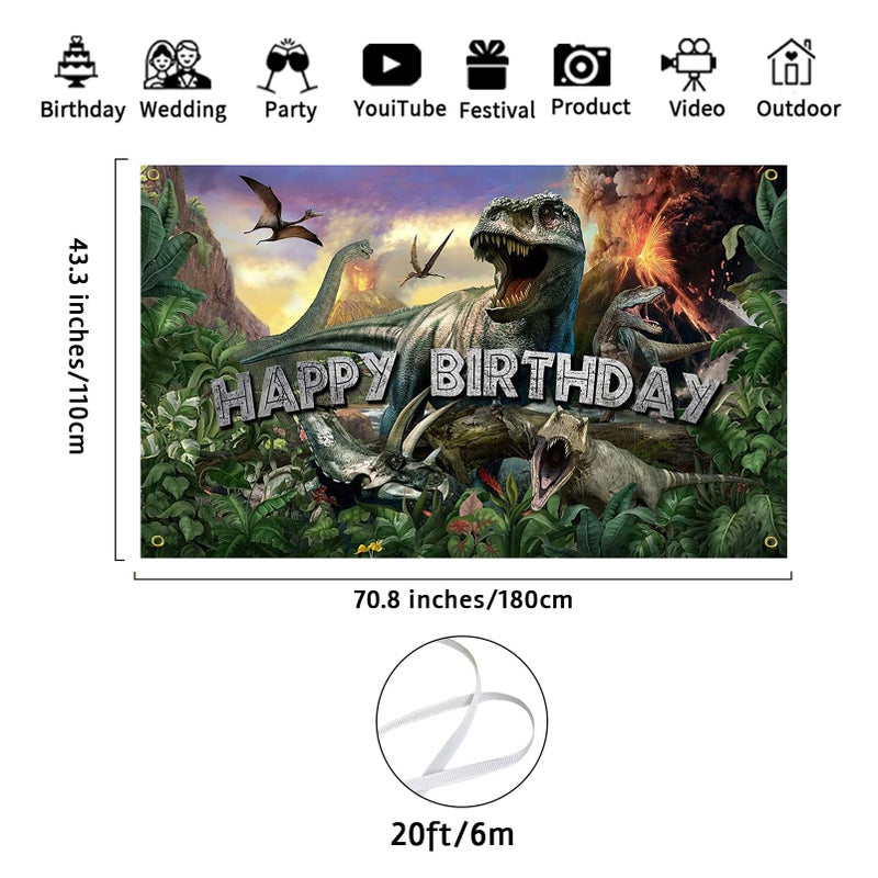 Avezano Dinosaur Birthday Backdrop Jurassic Dinosaur Theme Happy Birthday Banner Jurassic Jungle Party Decorations for Boys 70.8 x 43.3 Inch Photo Backdrop - Image 2