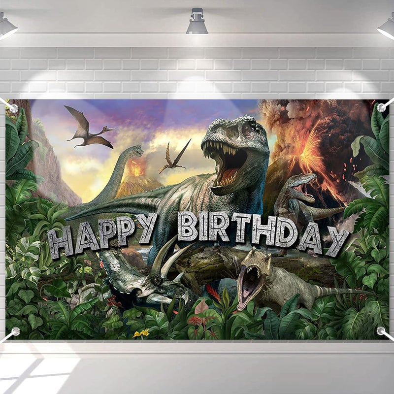 Avezano Dinosaur Birthday Backdrop Jurassic Dinosaur Theme Happy Birthday Banner Jurassic Jungle Party Decorations for Boys 70.8 x 43.3 Inch Photo Backdrop - Image 1