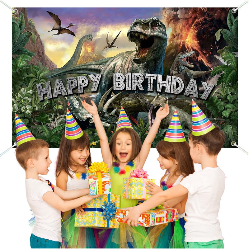 Avezano Dinosaur Birthday Backdrop Jurassic Dinosaur Theme Happy Birthday Banner Jurassic Jungle Party Decorations for Boys 70.8 x 43.3 Inch Photo Backdrop - Image 3
