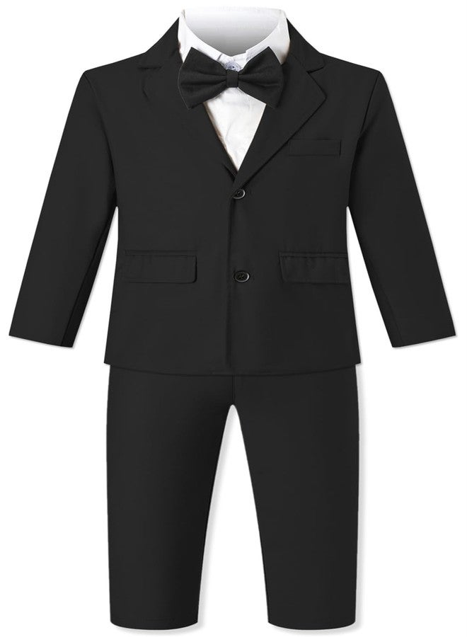 SANGTREE Boys Black Suits Clothes, Dress Shirt with Bow Tie + Formal Jacket + Suspender Pants Set Wedding Christening Outfits Black, 2-3T = 2T - Image 4