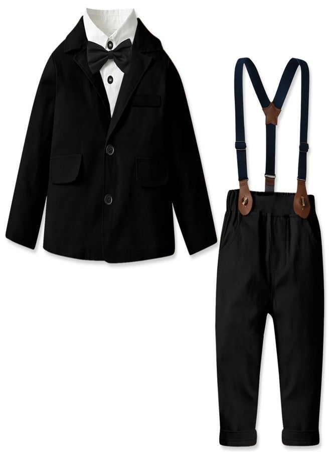 SANGTREE Boys Black Suits Clothes, Dress Shirt with Bow Tie + Formal Jacket + Suspender Pants Set Wedding Christening Outfits Black, 2-3T = 2T - Image 1