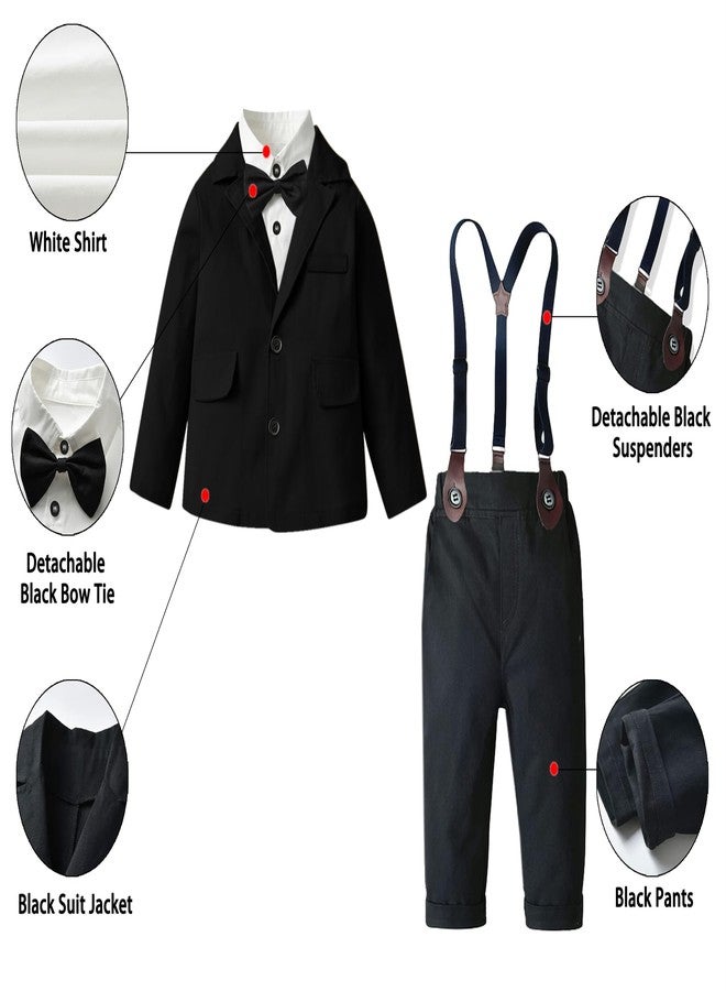 SANGTREE Boys Black Suits Clothes, Dress Shirt with Bow Tie + Formal Jacket + Suspender Pants Set Wedding Christening Outfits Black, 2-3T = 2T - Image 2