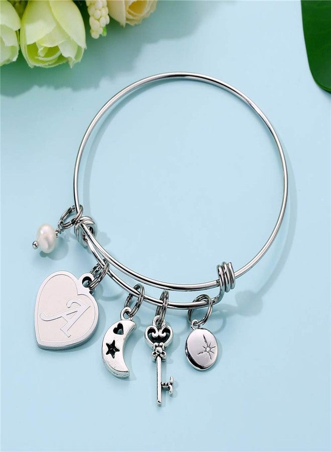 M MOOHAM Heart Charm Bracelets for Women - Initial Charm Engraved Letter A Initial Bracelet Stainless Steel Expandable Charms Bangle Bracelets Birthday Jewelry Gifts for Women Teen Girls Bridesmaids Gifts - Image 2