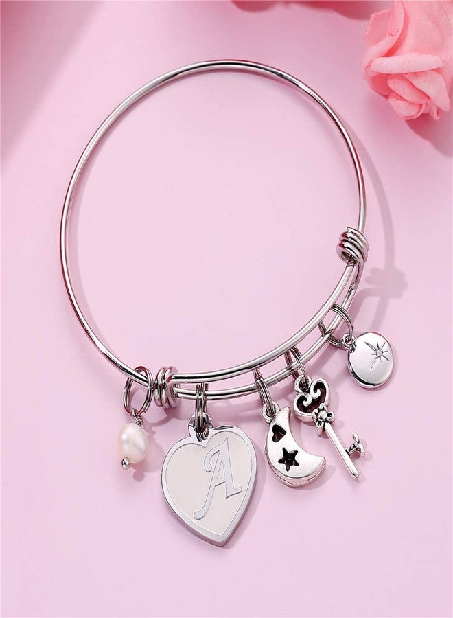 M MOOHAM Heart Charm Bracelets for Women - Initial Charm Engraved Letter A Initial Bracelet Stainless Steel Expandable Charms Bangle Bracelets Birthday Jewelry Gifts for Women Teen Girls Bridesmaids Gifts - Image 3