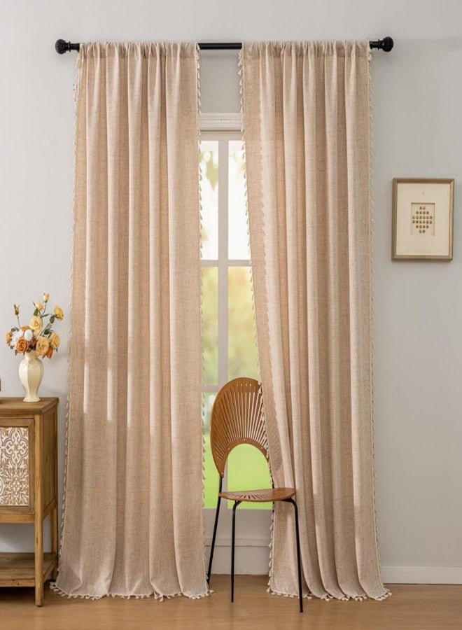 F-CHU Beige Curtains for Bedroom 63 Inches Light Filtering with Beige Tassels Bohemian Farnhouse French Country Drapes Kitchen Window Treatment, Semi Sheer Farmhouse Curtains Rod Pocket 52x63 - Image 5