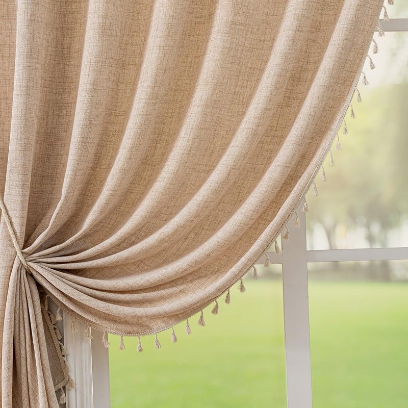 F-CHU Beige Curtains for Bedroom 63 Inches Light Filtering with Beige Tassels Bohemian Farnhouse French Country Drapes Kitchen Window Treatment, Semi Sheer Farmhouse Curtains Rod Pocket 52x63 - Image 1