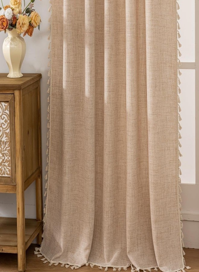 F-CHU Beige Curtains for Bedroom 63 Inches Light Filtering with Beige Tassels Bohemian Farnhouse French Country Drapes Kitchen Window Treatment, Semi Sheer Farmhouse Curtains Rod Pocket 52x63 - Image 3