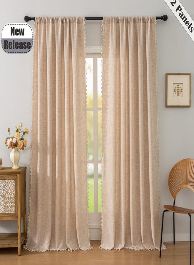 F-CHU Beige Curtains for Bedroom 63 Inches Light Filtering with Beige Tassels Bohemian Farnhouse French Country Drapes Kitchen Window Treatment, Semi Sheer Farmhouse Curtains Rod Pocket 52x63 - Image 2