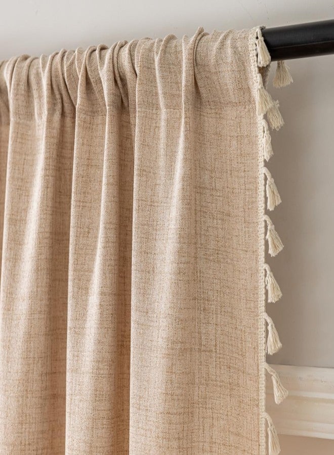 F-CHU Beige Curtains for Bedroom 63 Inches Light Filtering with Beige Tassels Bohemian Farnhouse French Country Drapes Kitchen Window Treatment, Semi Sheer Farmhouse Curtains Rod Pocket 52x63 - Image 4