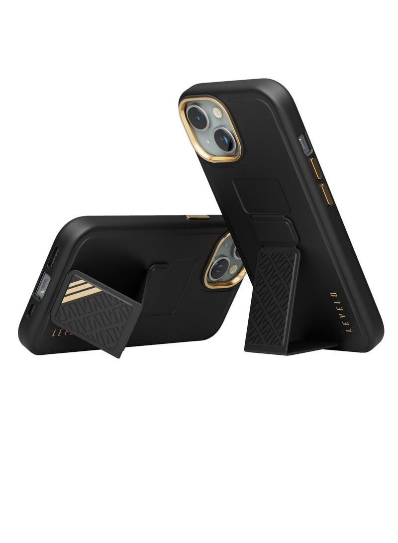 LEVELO iPhone 15  Case Morphix Cuero Grip stand Back Cover / Built-In Grip / Shock-Proof Edges / Multi-Positioning Modes - Black - Image 5