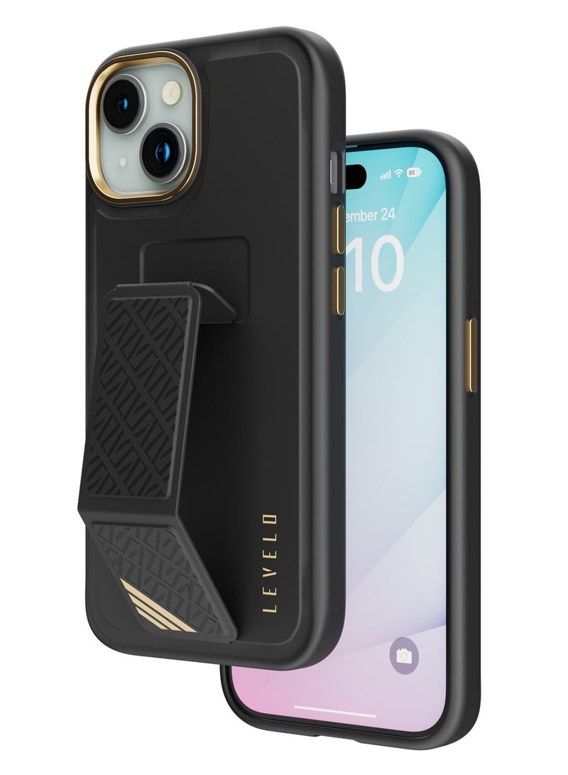 LEVELO iPhone 15  Case Morphix Cuero Grip stand Back Cover / Built-In Grip / Shock-Proof Edges / Multi-Positioning Modes - Black - Image 3
