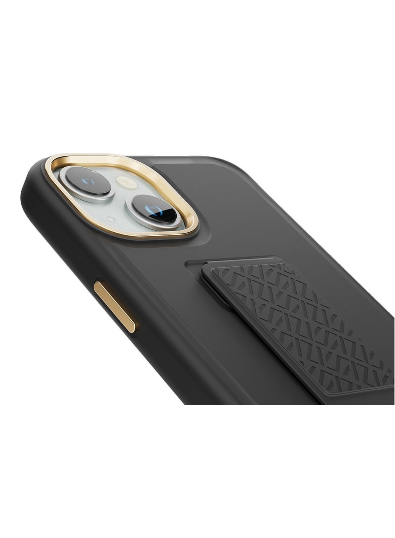 LEVELO iPhone 15  Case Morphix Cuero Grip stand Back Cover / Built-In Grip / Shock-Proof Edges / Multi-Positioning Modes - Black - Image 4