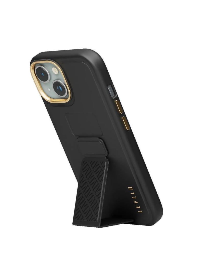 LEVELO iPhone 15  Case Morphix Cuero Grip stand Back Cover / Built-In Grip / Shock-Proof Edges / Multi-Positioning Modes - Black - Image 1