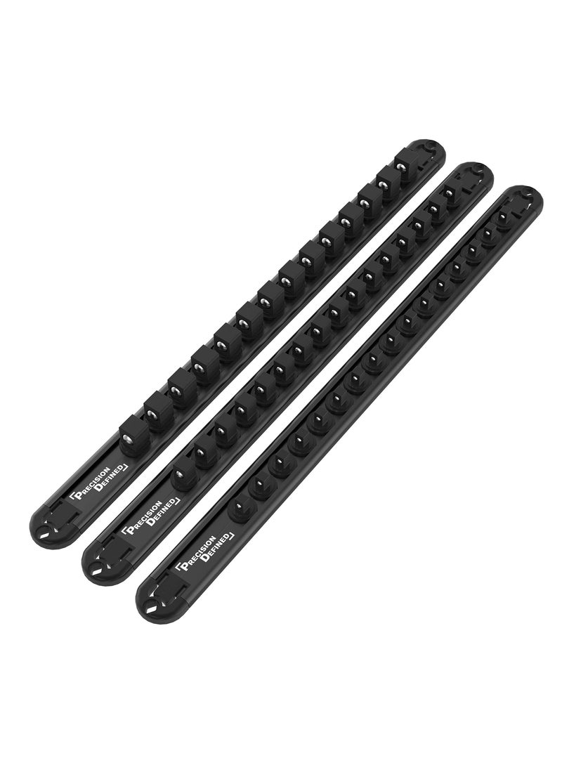 Precision Defined Precision Defined Aluminum Tool Socket Holder 3Piece Set  Black 14Inch x 16 Clips 38Inch x 16 Clips 12Inch x 14 Clips  360 Rotation  Heavy Duty Socket Rails Organizer Socket Storage 