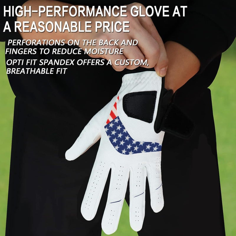 FINGER TEN Golf Gloves Men Value 5 Pack for Left Right Hand, Comfortable Soft & All Weather Grip Mens Golf Glove, Sizes S M ML L XL XXL 3XL (USA Flag, Small(Worn On Left Hand)) - Image 5