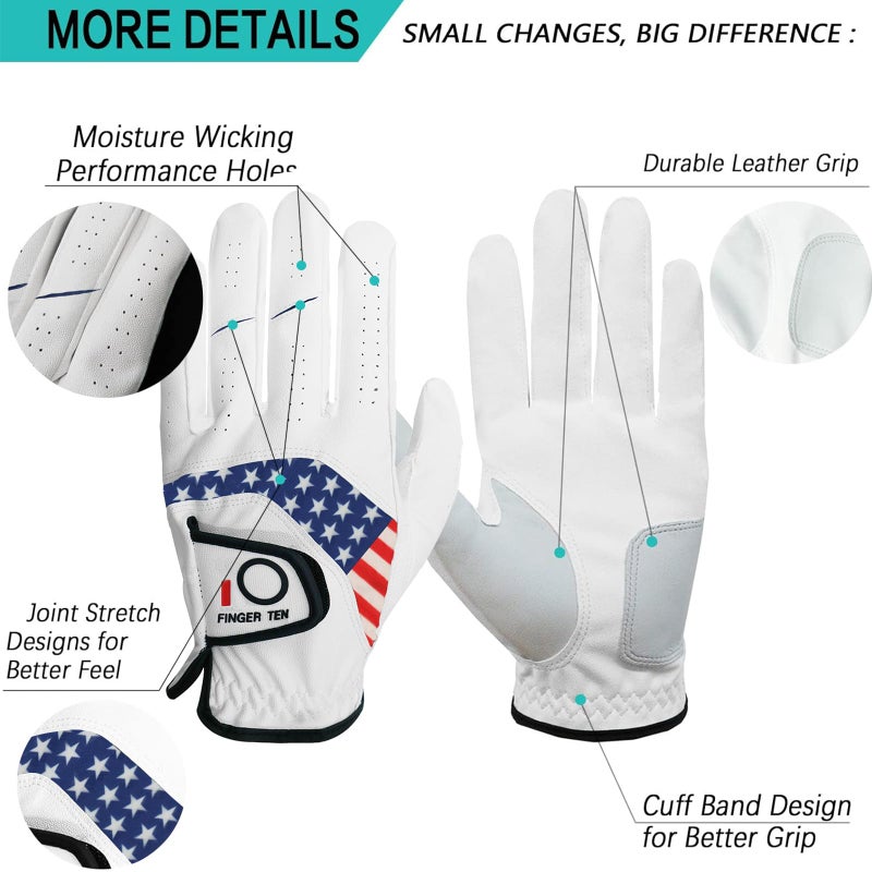 FINGER TEN Golf Gloves Men Value 5 Pack for Left Right Hand, Comfortable Soft & All Weather Grip Mens Golf Glove, Sizes S M ML L XL XXL 3XL (USA Flag, Small(Worn On Left Hand)) - Image 3