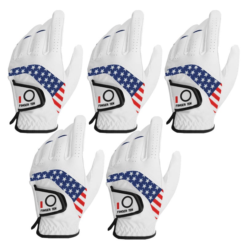 FINGER TEN Golf Gloves Men Value 5 Pack for Left Right Hand, Comfortable Soft & All Weather Grip Mens Golf Glove, Sizes S M ML L XL XXL 3XL (USA Flag, Small(Worn On Left Hand)) - Image 1