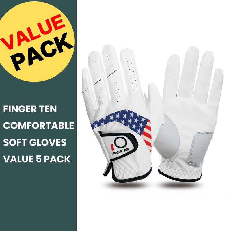 FINGER TEN Golf Gloves Men Value 5 Pack for Left Right Hand, Comfortable Soft & All Weather Grip Mens Golf Glove, Sizes S M ML L XL XXL 3XL (USA Flag, Small(Worn On Left Hand)) - Image 2