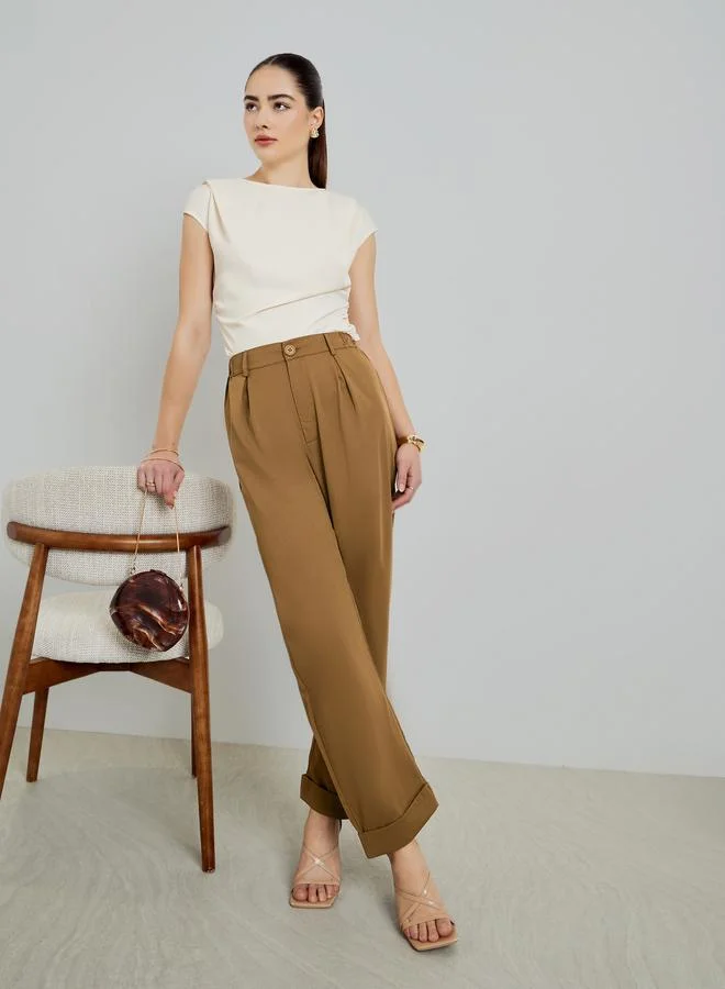 Styli Beige Wide Leg Pleated Trousers