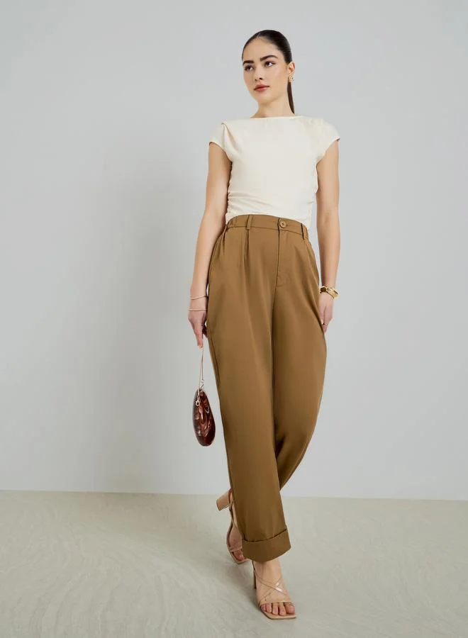 Styli Beige Wide Leg Pleated Trousers