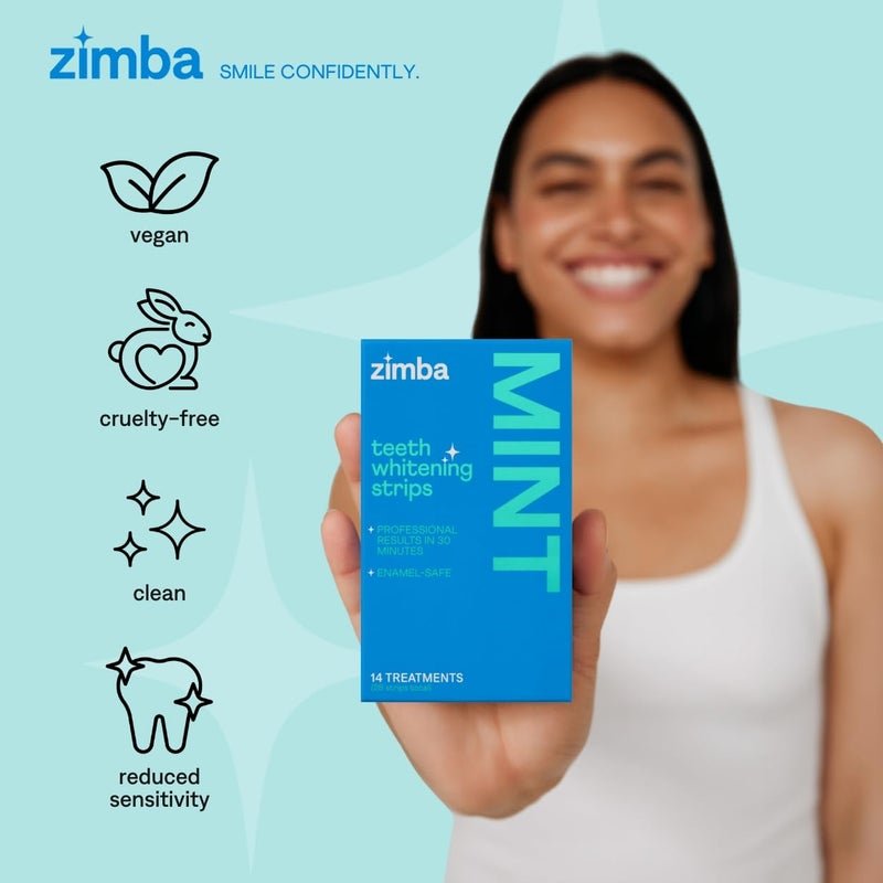Zimba Teeth Whitening Strips Vegan Whitening Strip Enamel Safe Teeth Whitening Hydrogen Peroxide Teeth Whitener for Coffee, Wine, Tobacco, and Other Stains, 28 Strips (14 Day Treatment), Mint - Image 3