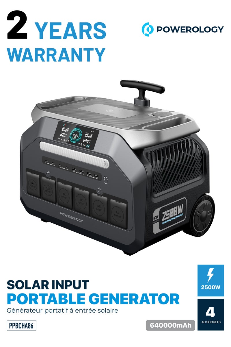 Powerology Solar Input Portable Generator 640000mAh, Power Generator 2500W, 4 AC Socket, 3 DC Output, Car Charger Output, USB-C PD100W -Grey/Silver - Image 1