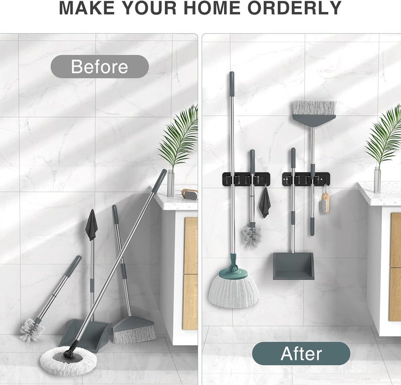 ZODZE 2PCS Mop Broom Holder Wall Mounted SUS304 Stainless Steel Mop Broom Organizer Mop Hanger Heavy Duty with Hooks Black - Image 2