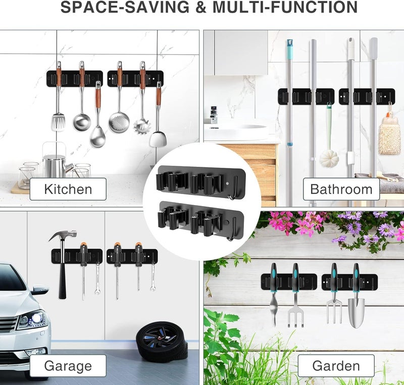 ZODZE 2PCS Mop Broom Holder Wall Mounted SUS304 Stainless Steel Mop Broom Organizer Mop Hanger Heavy Duty with Hooks Black - Image 5