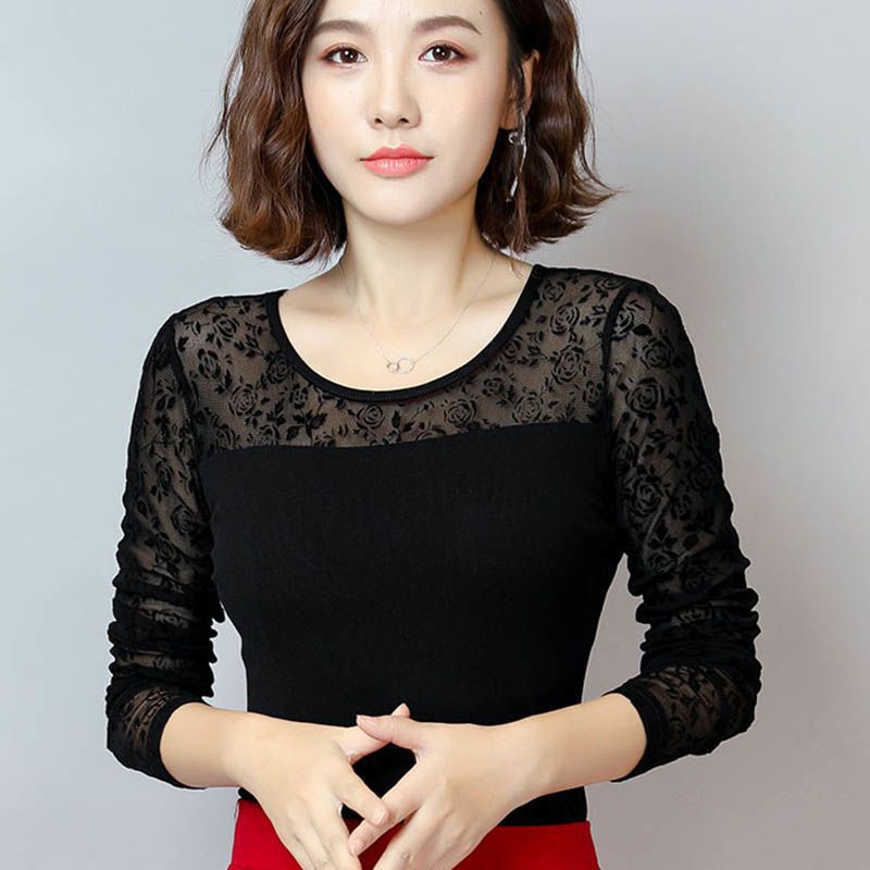 Long Sleeve Round Neck Mesh Base T-Shirt Thin Tight Outer Wear Low Neck Printed Flocking Western Style Top Small Shirt - Image 5