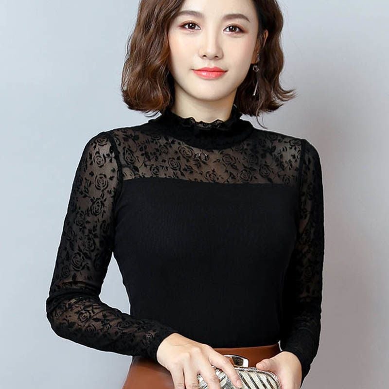 Long Sleeve Round Neck Mesh Base T-Shirt Thin Tight Outer Wear Low Neck Printed Flocking Western Style Top Small Shirt - Image 1