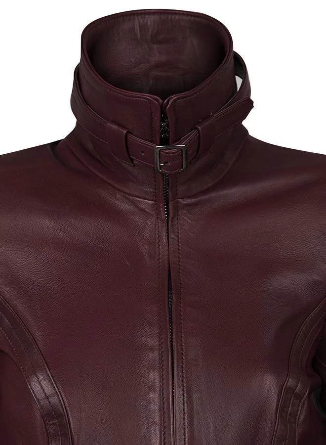 Felix Hardy Bordeaux Genuine Leather Classic Jacket with Belt for Women | Best Price UAE