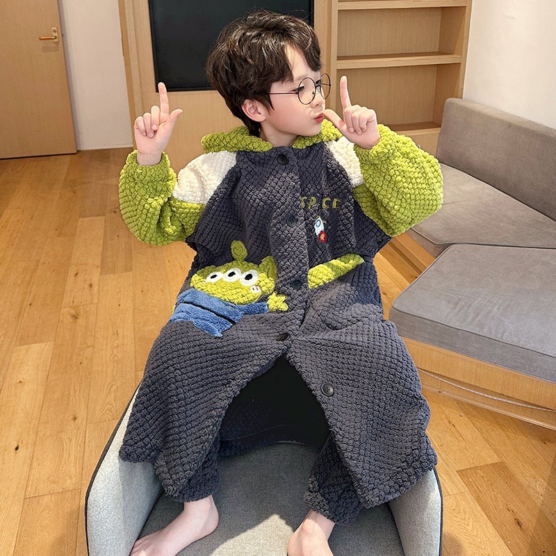 Boys' Pajamas For , Boys' Coral Velvet Children'S Pajamas, Cartoon Style Bathrobe, Home Wear That Can Be Worn Outside - Image 3