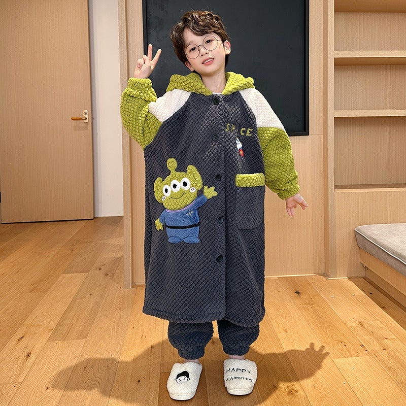 Boys' Pajamas For , Boys' Coral Velvet Children'S Pajamas, Cartoon Style Bathrobe, Home Wear That Can Be Worn Outside - Image 4