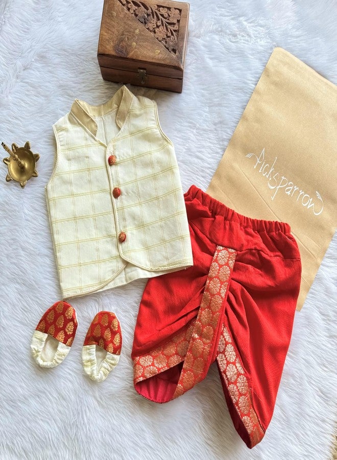 Picksparrow طقم ملابس أطفال من القطن والحرير من Picksparrow، يتكون من قميص وبنطال دهوتي وحذاء (مربعات) (أحمر، من 0 إلى 3 أشهر) - Image 2