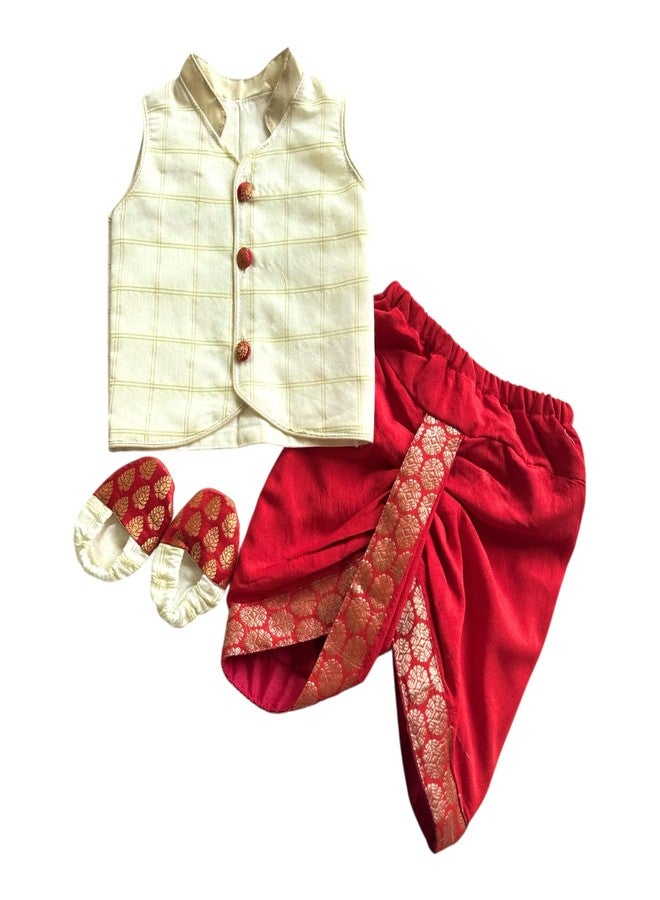 Picksparrow طقم ملابس أطفال من القطن والحرير من Picksparrow، يتكون من قميص وبنطال دهوتي وحذاء (مربعات) (أحمر، من 0 إلى 3 أشهر) - Image 1