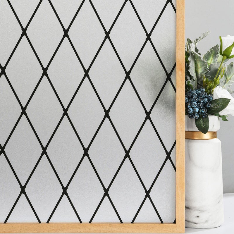 VELIMAX Frosted Black Lattice Window Film Static Cling Window Privacy Films Decorative Glass Vinyl Film for Windows Removable Sun Blocking AntiUV 354x1574 inches