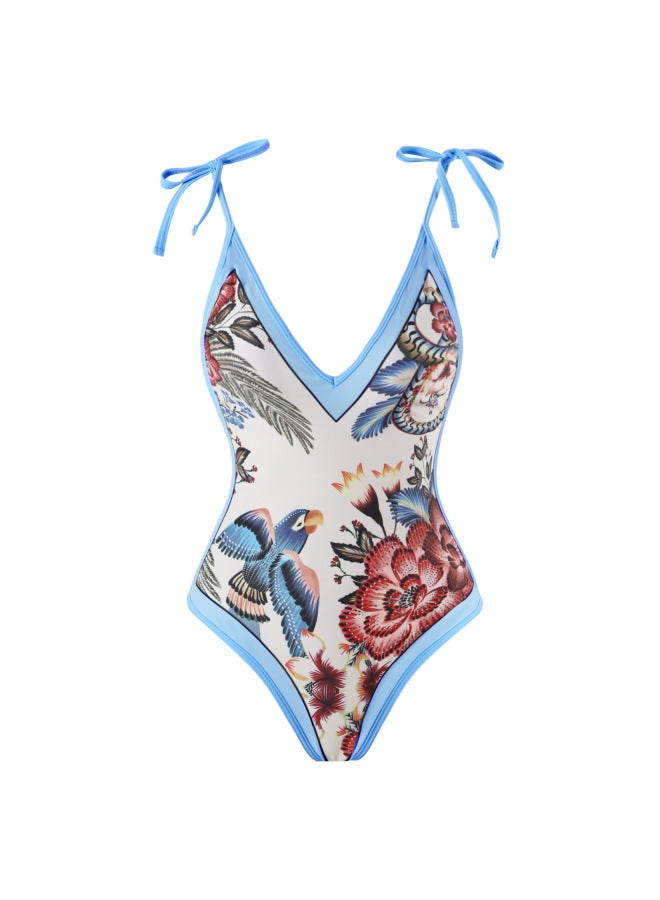 Generic 2024 European And American One-piece Conservative Slimming Swimsuit Women's Multi-color Printed Chiffon Dress Wholesale-Color:Blue One-piece- - Image 1