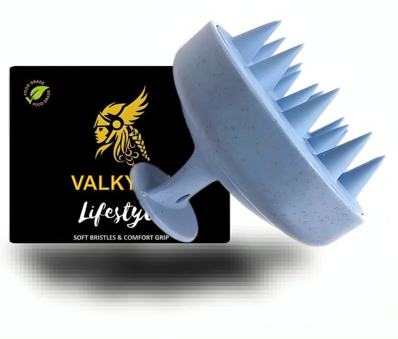 Valkyrie فرشاة شامبو لتدليك فروة الرأس يدوية، جسم صديق للبيئة من قش القمح مع شعيرات سيليكون ناعمة، مقشر فروة الرأس، مزيل للقشرة، يمنع تساقط الشعر للجنسين | أزرق (Jb-35) - Image 1