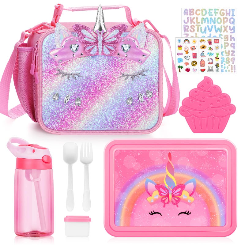 JYPS Unicorn Bento Box for Kids with Insulated Lunch Bag Lunch box Set with kids water bottleSauce ContainerIce PackUtensilsPerfect Lunch Container for Girls and Toddlers Back to School Age 715