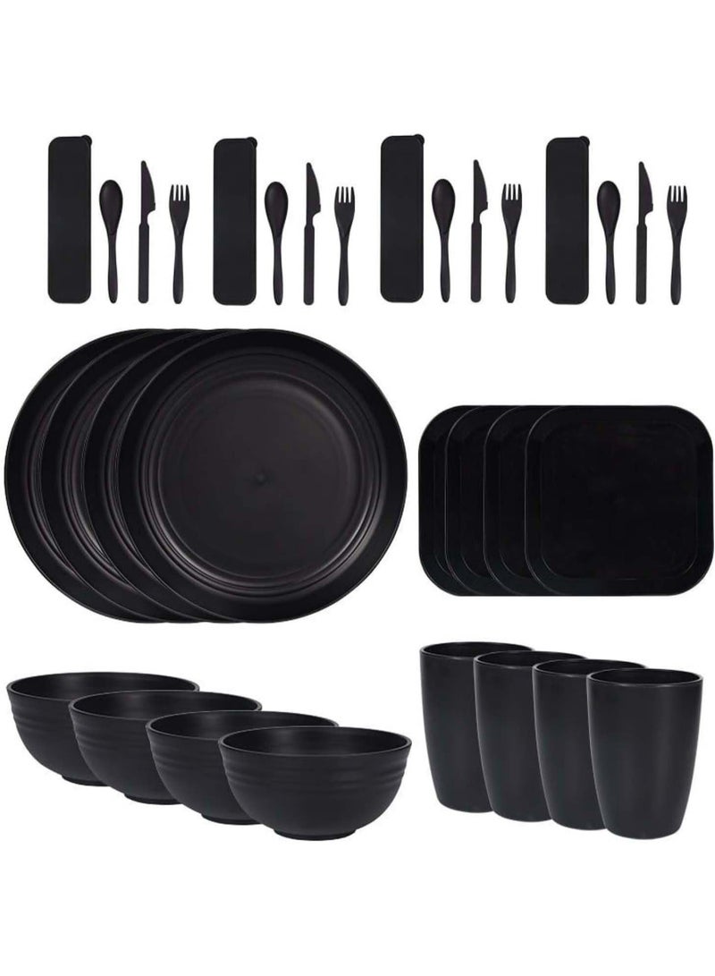 Bukela Cutlery Set, 32 Pieces, Unbreakable, Serves 4, Includes Plates, Bowls, and Cups, Eco-friendly Camping Cutlery, Black. - Image 1