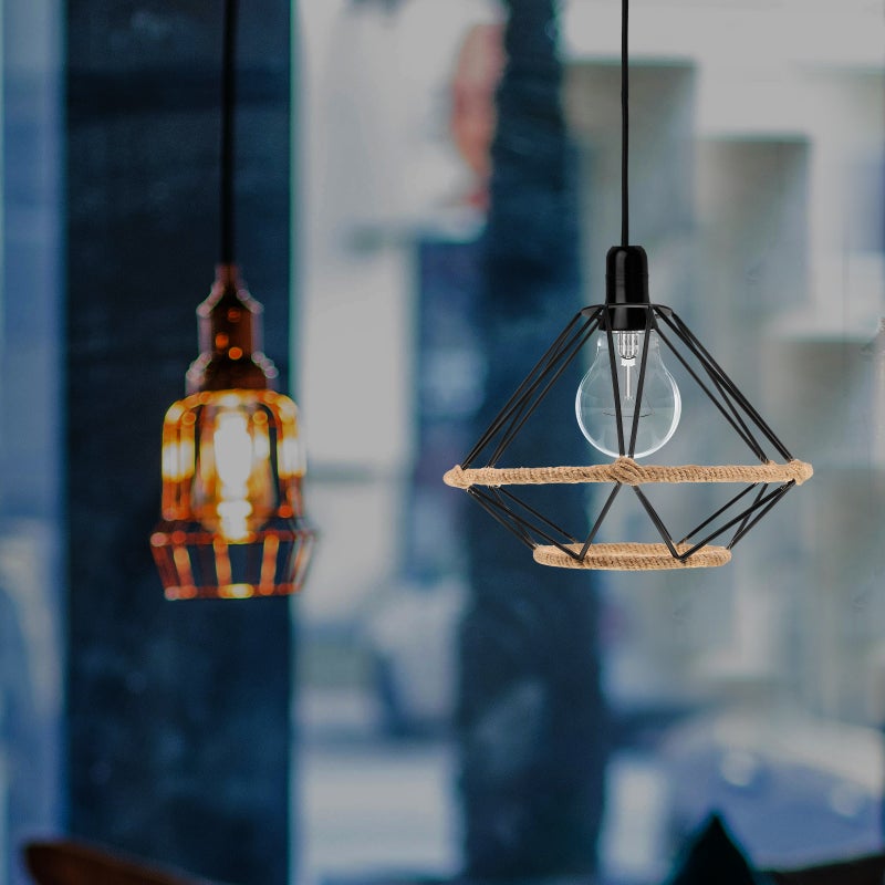 Jute Rope Pendant Lamp with Metal Cage: Hollow Lampshade Rustic Light Fixture for Dining Room Restaurant - Image 2