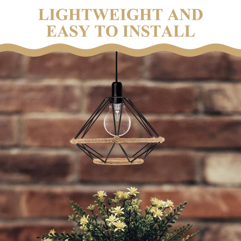 Jute Rope Pendant Lamp with Metal Cage: Hollow Lampshade Rustic Light Fixture for Dining Room Restaurant - Image 3